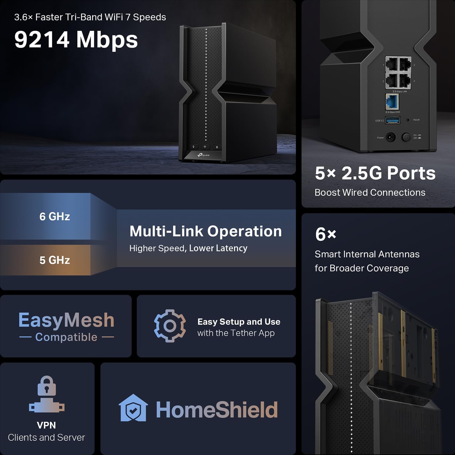 TP-Link Archer BE550 Tri-Band Wi-Fi 7 Router – 9.2Gbps Speeds, 2.5G Ports, EasyMesh, VPN Support