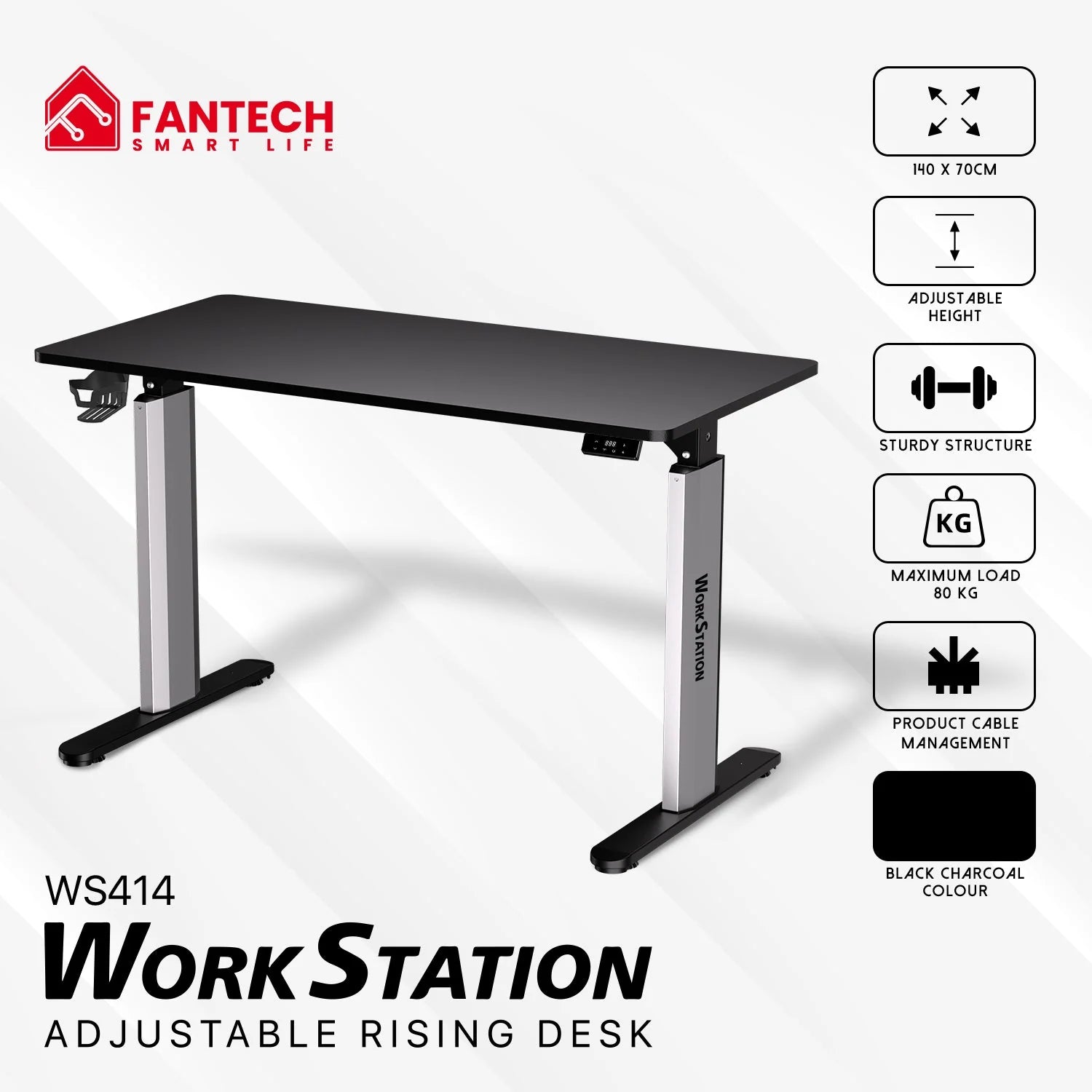 FANTECH WORKSTATION WS414 Adjustable Rising Desk – Black, Height Adjustable, Sturdy Motor & Cable Management