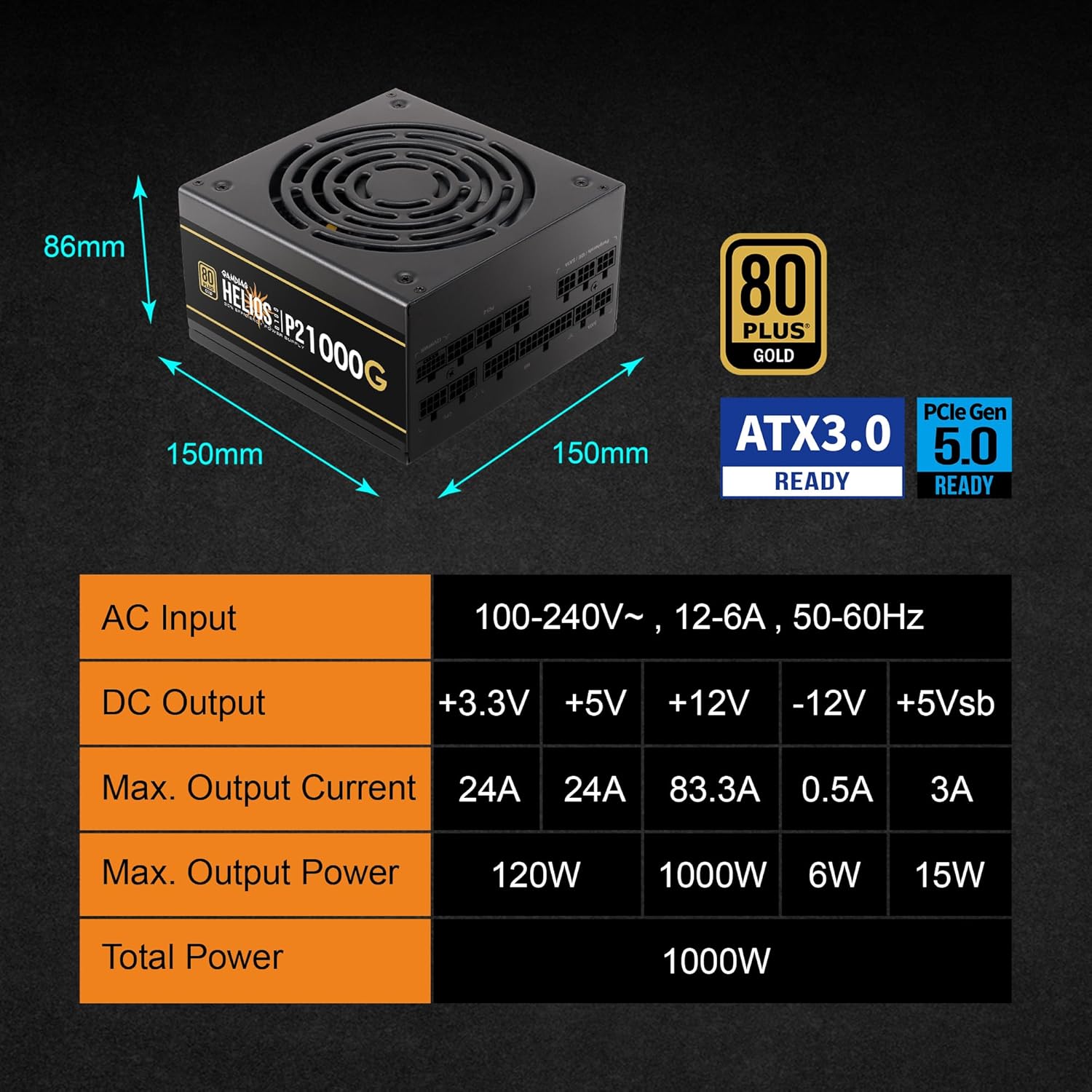 GAMDIAS HELIOS P2-1000G - 1000W Gold Full Modular Gaming Power Supply