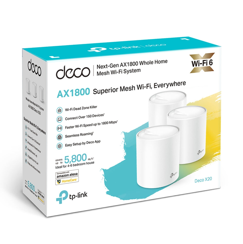 TP-Link Deco X20 Wi-Fi 6 Mesh System (3-Pack) – Covers 5800 Sq. Ft., 6 Ethernet Ports, Parental Controls