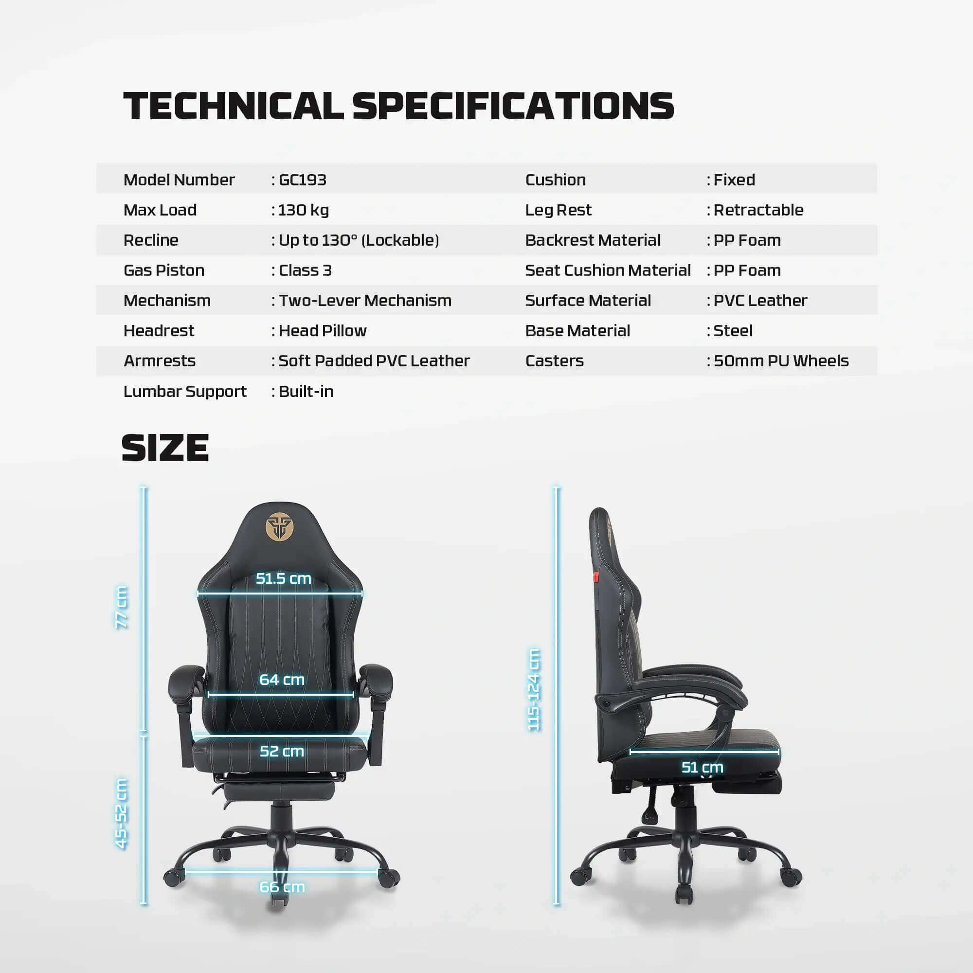 Fantech GC193 Ergonomic Gaming Chair with U-shaped Headrest, Footrest & Hydraulic Pistons