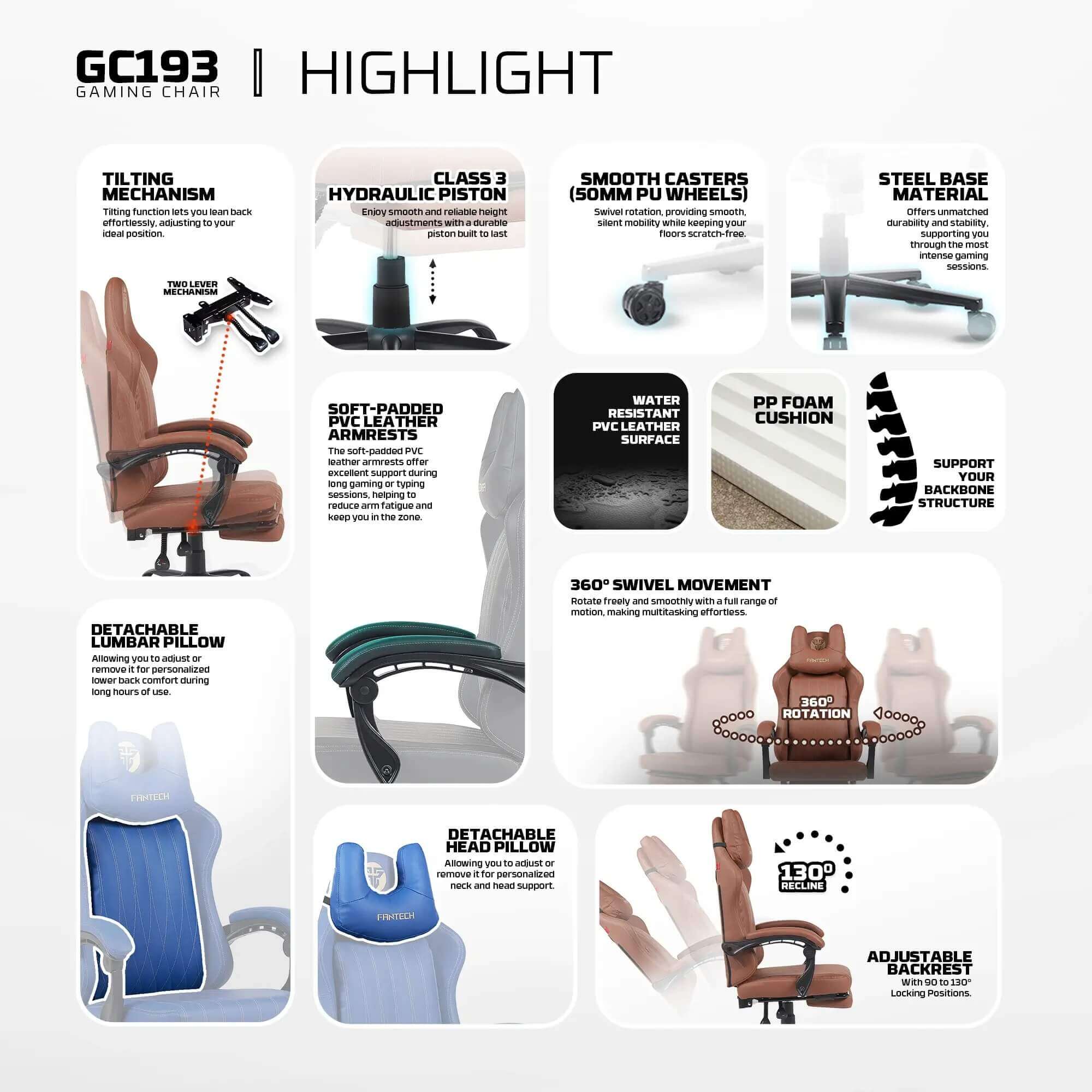 Fantech GC193 Ergonomic Gaming Chair with U-shaped Headrest, Footrest & Hydraulic Pistons