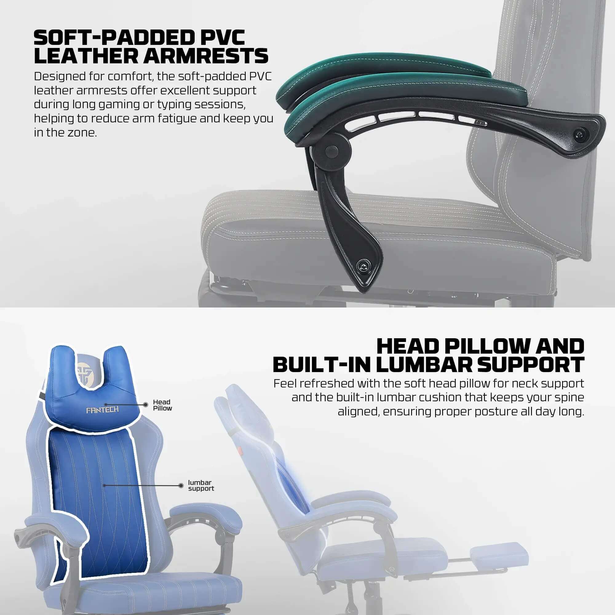 Fantech GC193 Ergonomic Gaming Chair with U-shaped Headrest, Footrest & Hydraulic Pistons