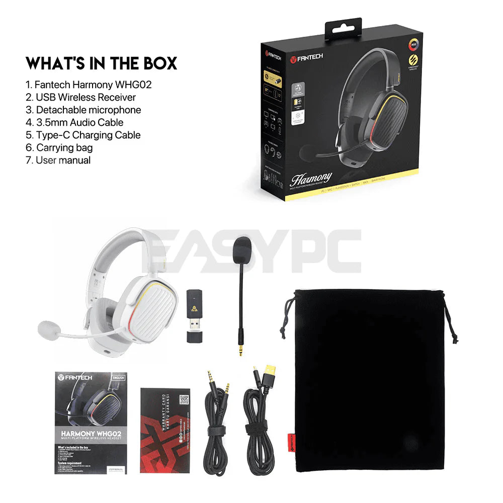 Fantech Harmony WHG02 Wireless & Bluetooth Headphones – Tri-Mode Connection (White)